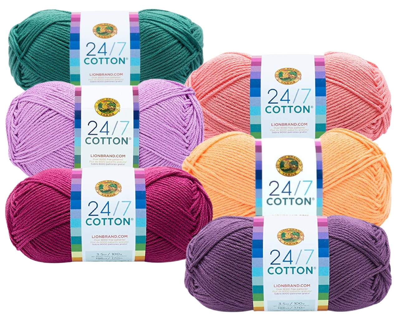 Lion Brand Yarn - 24/7 Cotton - 6 Skein Assortment (Jelly Beans)